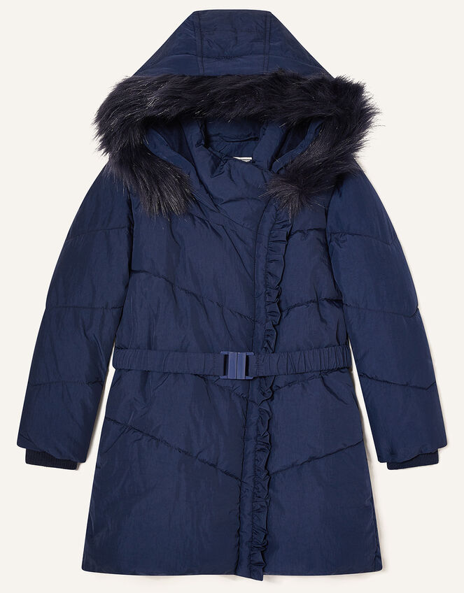 Ruffle Padded and Hooded Coat, Blue (NAVY), large