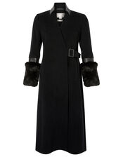 Faux Fur Cuff Maxi Coat in Wool Blend, Black (BLACK), large