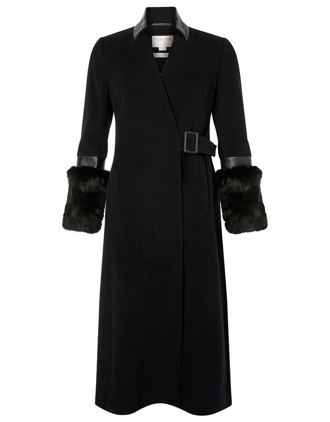 Faux Fur Cuff Maxi Coat in Wool Blend, Black (BLACK), large
