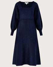 Metallic Knit Square Neck Pleated Midi Dress, Blue (NAVY), large