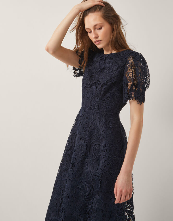Betty Lace Puff Sleeve Midi Dress, Blue (NAVY), large