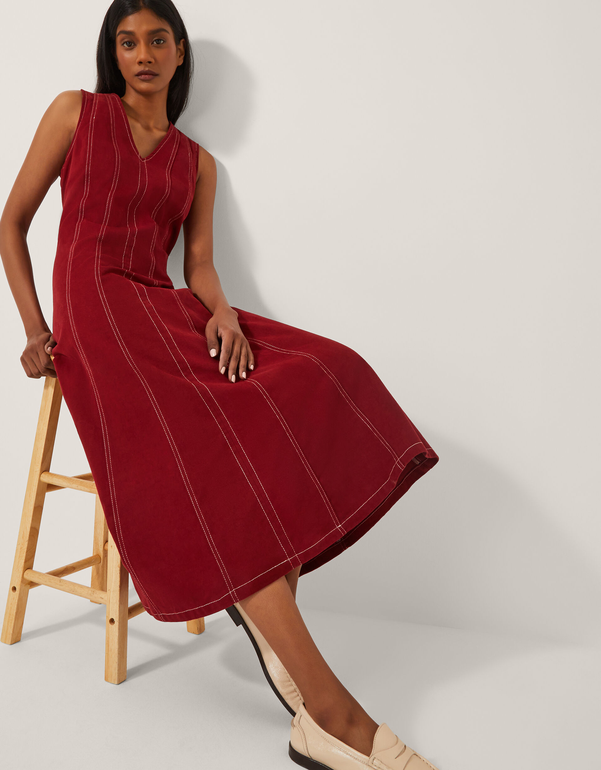 Hope Sleeveless A-Line Denim Midi Dress Red