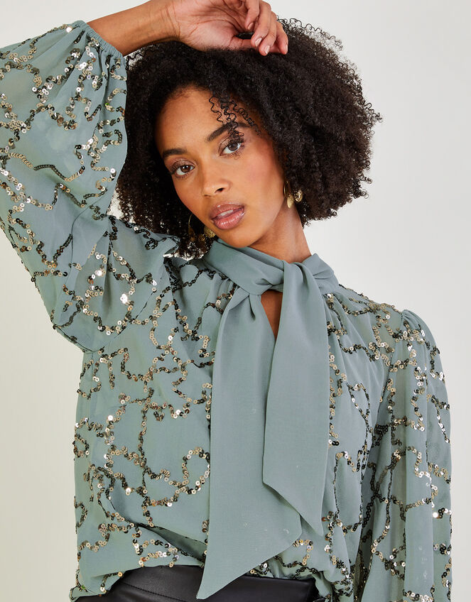 Andi Sequin Pussybow Blouse, Green (SAGE), large