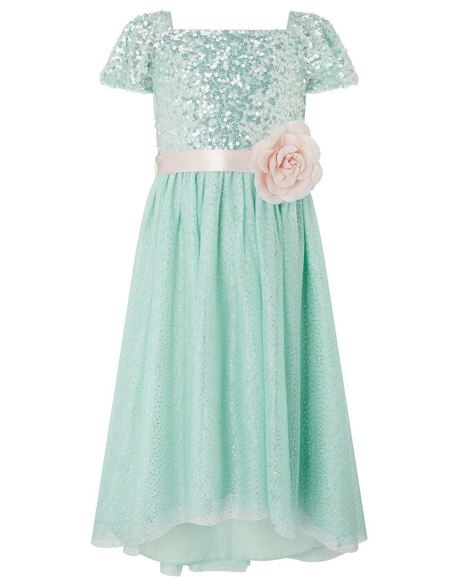 Sara Sequin Dress with Corsage Belt, Teal (DUCK EGG), large