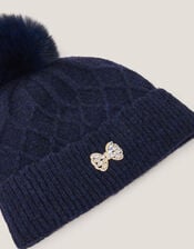 Diamond Bow Pom-Pom Beanie Hat, Blue (NAVY), large