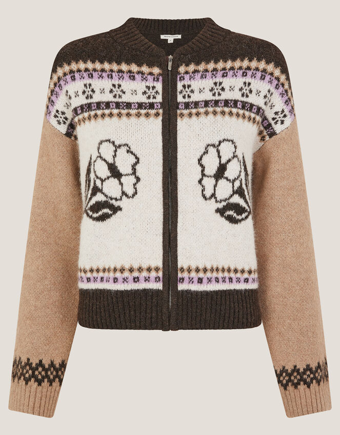 Julia Jacquard Knit Cardigan, Brown (CHOCOLATE), large