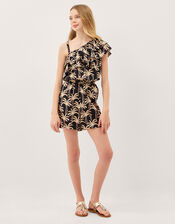 One Shoulder Palm Print Frill Playsuit, Black (BLACK), large