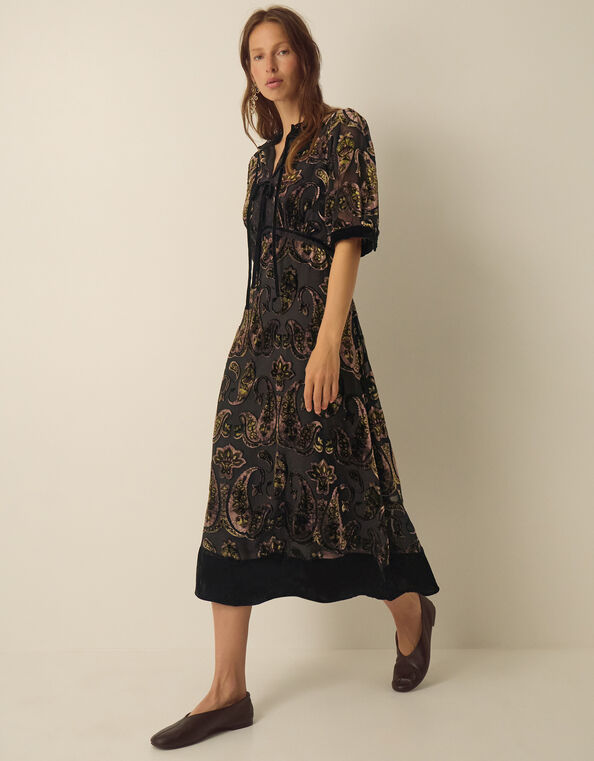Jaz V-Neck Paisley Devor&eacute; Midi Dress, Green (OLIVE), large