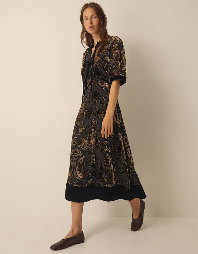 Jaz V-Neck Paisley Devor&eacute; Midi Dress, Green (OLIVE), large