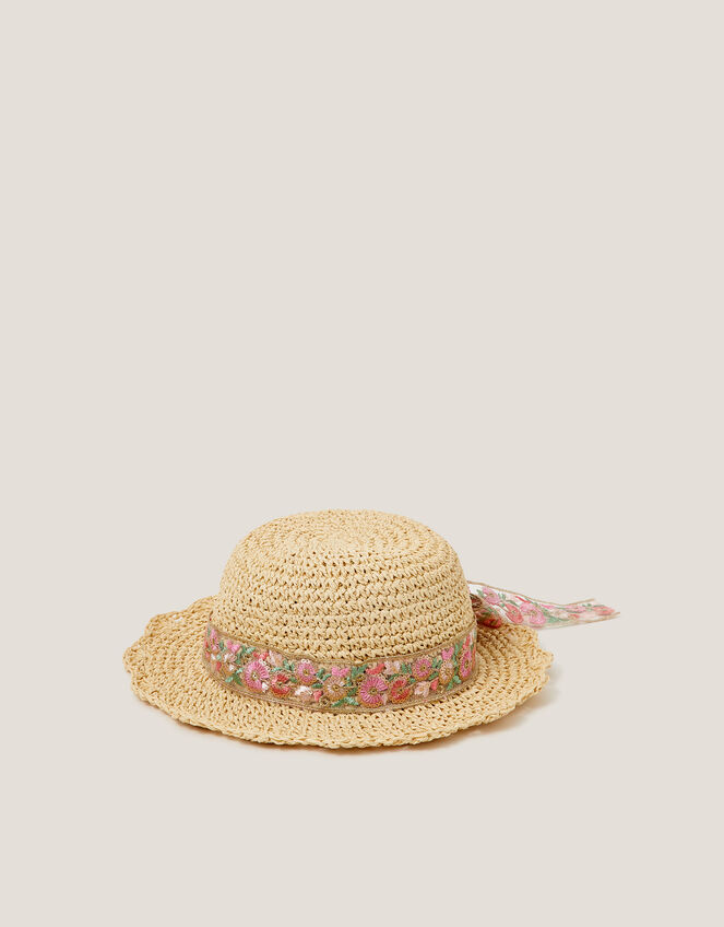 Floral Bow Straw Bucket Hat, Pink (PINK), large