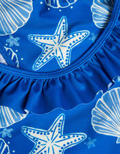 Starfish & Shell Print Frill Swimsuit, Blue (NAVY), large
