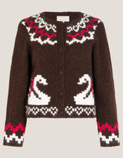 Monsoon x Sarah Corbett-Winder Swan Fair Isle Cardigan, Brown (CHOCOLATE), large