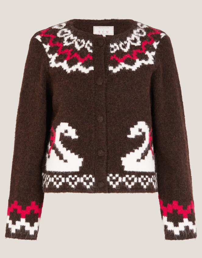 Monsoon x Sarah Corbett-Winder Swan Fair Isle Cardigan, Brown (CHOCOLATE), large