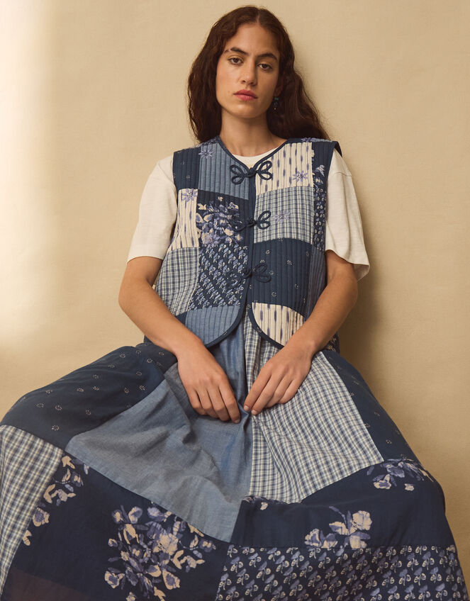 East Milly Quilted Floral Patchwork Waistcoat, Blue (BLUE), large