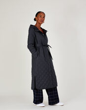 Quinn Quilted Hooded Longline Coat in Recycled Polyester, Grey (GREY), large