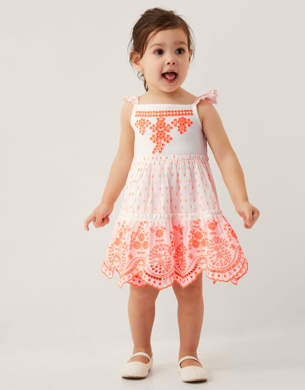 Baby Broderie Tiered Cotton Sundress, Orange (ORANGE), large