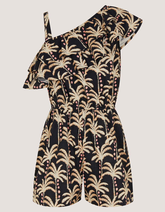 One-Shoulder Palm Print Frill Playsuit, Black (BLACK), large