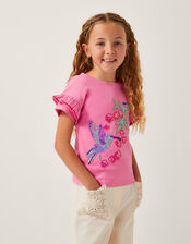 Hummingbird Embellished Frill T-Shirt, Pink (PINK), large