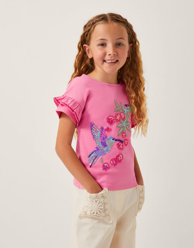 Hummingbird Embellished Frill T-Shirt, Pink (PINK), large