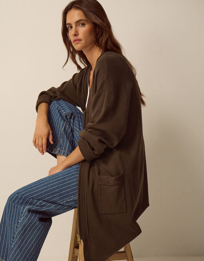 Zuri Zip Longline Cardigan, Brown (CHOCOLATE), large