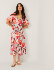 Elana Floral Puff-Sleeve Midi Dress, Ivory (IVORY), large