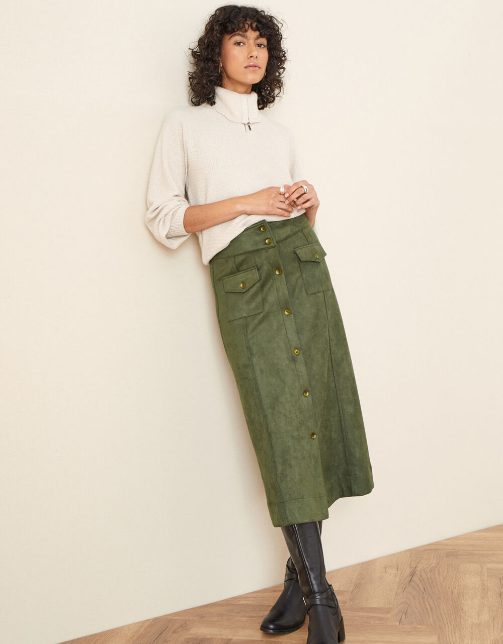 Women Women's Clothing | Button-Through Suedette Skirt Green - PF87641