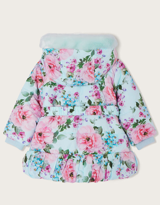 Baby Belted Padded Floral Coat, Blue (AQUA), large