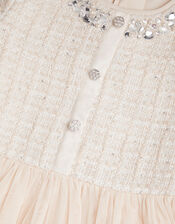 Embellished Tweed Mesh Dress, Ivory (IVORY), large