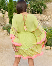 Piti Cuiti Floral Embroidered Mini Kaftan Dress, Green (LIME), large