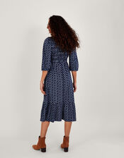 Geometric Print Tiered Shirred Jersey Dress, Blue (NAVY), large