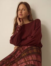 Melinda Check Print Pleated Midi Dress, Red (BURGUNDY), large