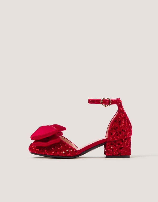 Bow Sequin Velvet Two-Part Heels, Red (RED), large