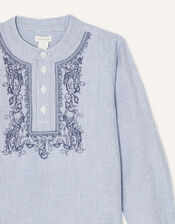 Kurta Pin Stripe Embroidered Shirt, Blue (BLUE), large