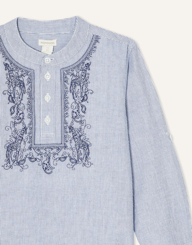 Kurta Pin Stripe Embroidered Shirt, Blue (BLUE), large