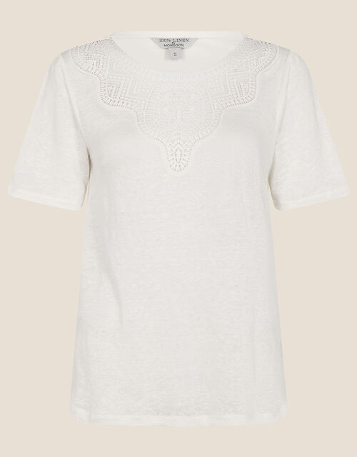 Embroidered Detail Jersey Linen T-Shirt, Ivory (IVORY), large