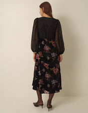 Abril V-Neck Floral Devor&eacute; Velvet Midi Dress , Black (BLACK), large