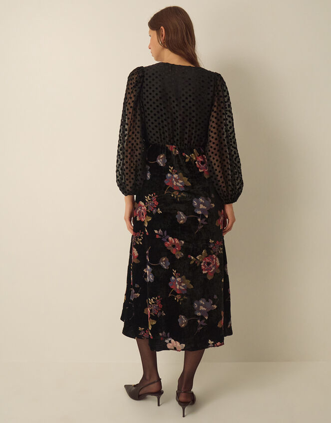 Abril V-Neck Floral Devor&eacute; Velvet Midi Dress , Black (BLACK), large