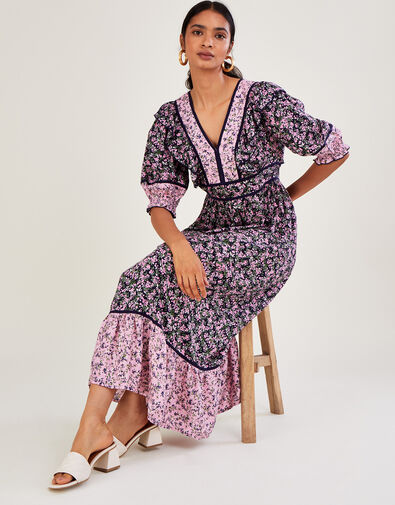V Neck Blossom Print Dolly Dress Purple, Purple (PURPLE), large