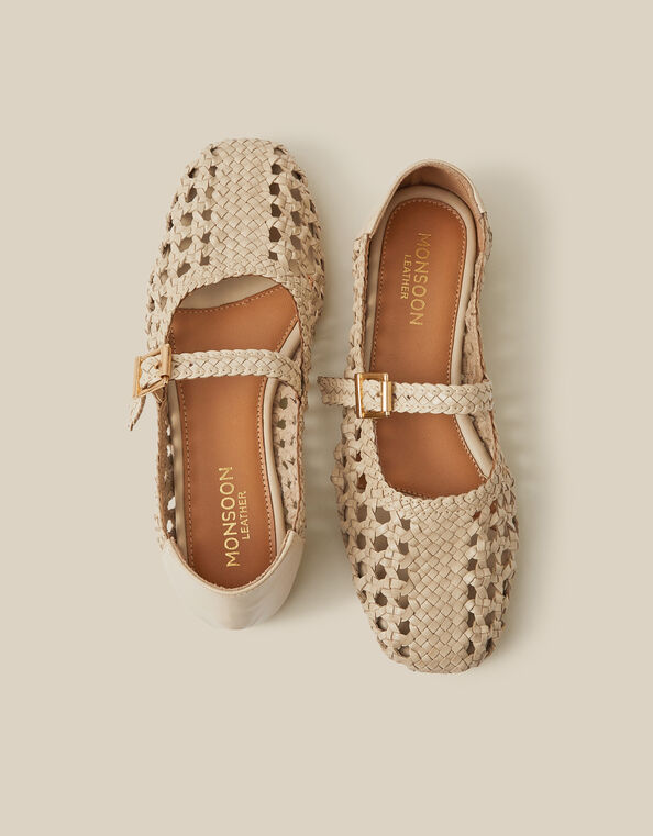 Bessy Woven Leather Mary Jane Ballet Flats, Ivory (IVORY), large