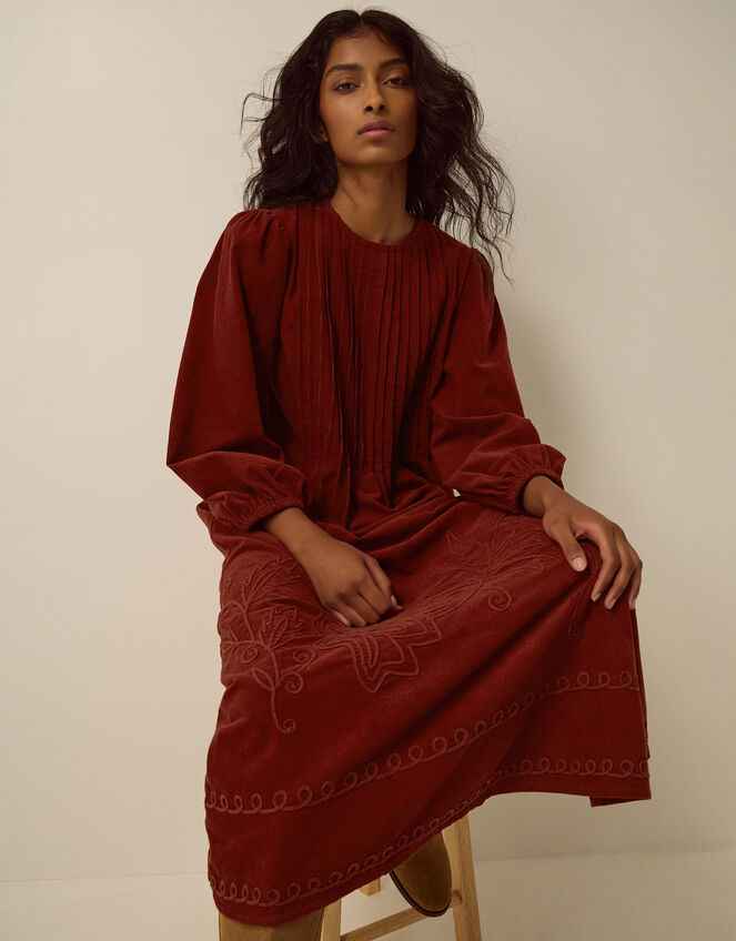 Joyce Embroidered Corduroy Midi Dress, Brown (COGNAC), large