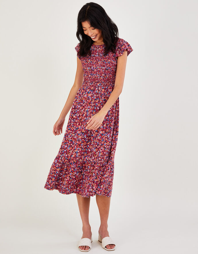 Shirred Ditsy Jersey Dress in Sustainable Cotton Red | Day Dresses ...
