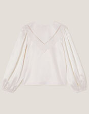 Embroidered Collar Satin Blouse, Ivory (IVORY), large