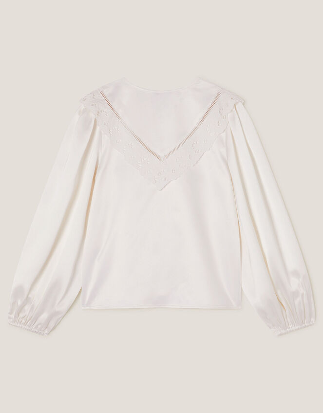 Embroidered Collar Satin Blouse, Ivory (IVORY), large
