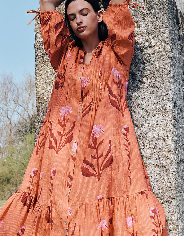 East Maisie Botanical Print Cotton Seersucker Dress, Orange (ORANGE), large