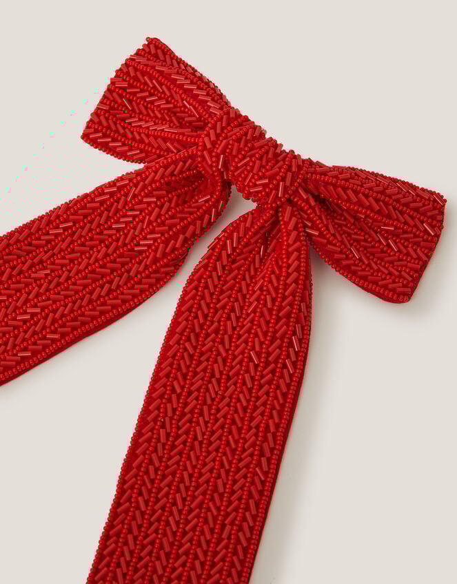 Beaded Bow Hair Clip, Red (RED), large