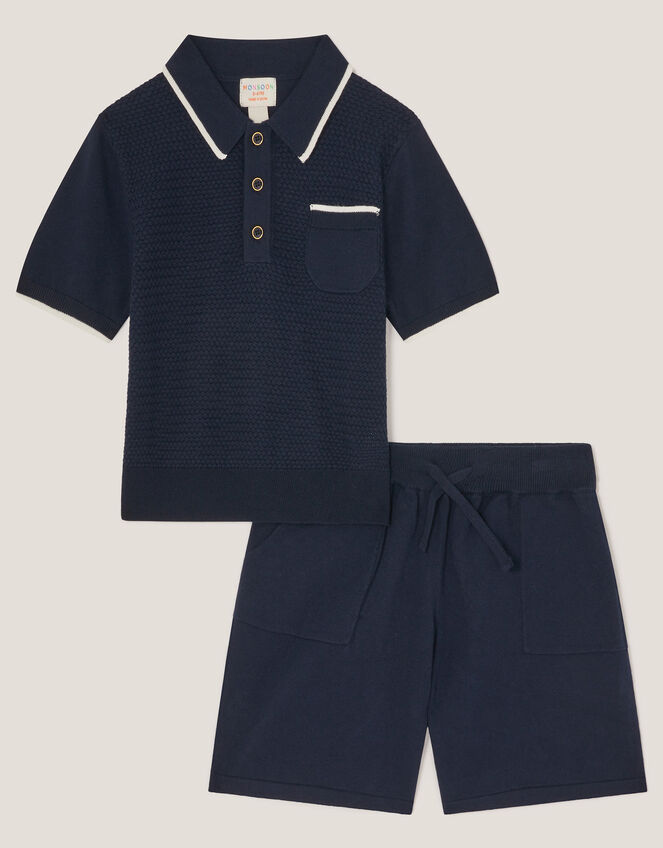Knitted Polo Shirt and Shorts Set, Blue (NAVY), large