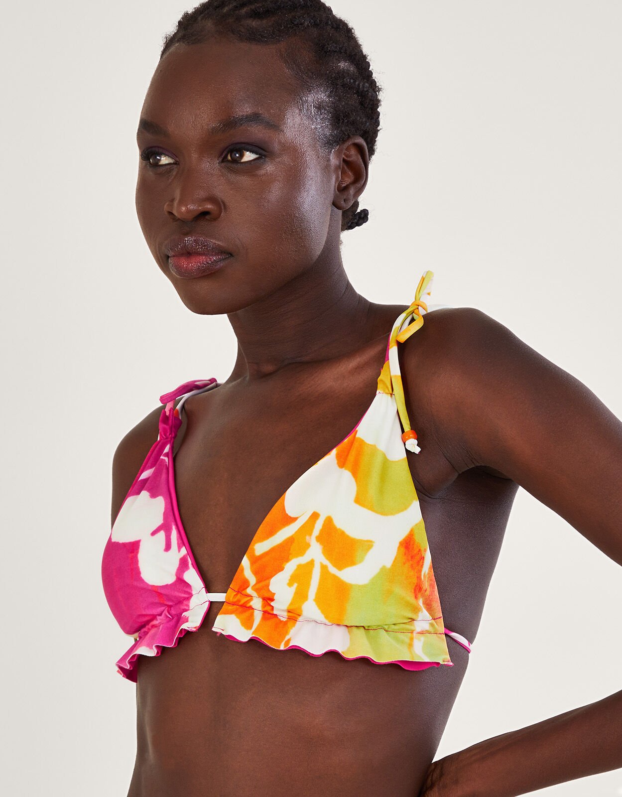 Abstract Print Frill Bikini Top with Recycled Polyester Pink