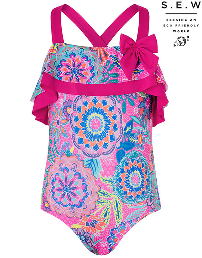 Inca Flower Print Frill Swimsuit with Recycled Polyester, Pink (PINK), large
