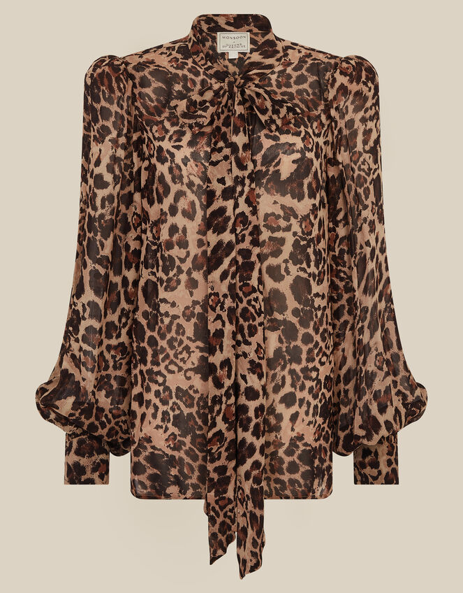 Monsoon x Queens of Archive Lila Tie Neck Leopard Print Blouse​, Brown (BROWN), large