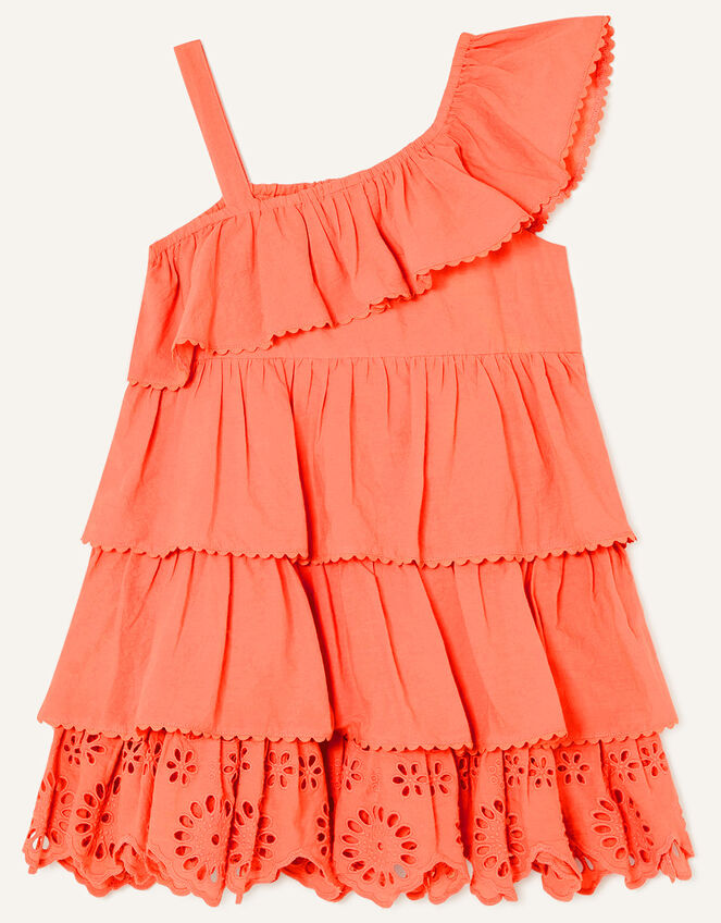 One-Shoulder Broderie Frill Dress , Orange (ORANGE), large